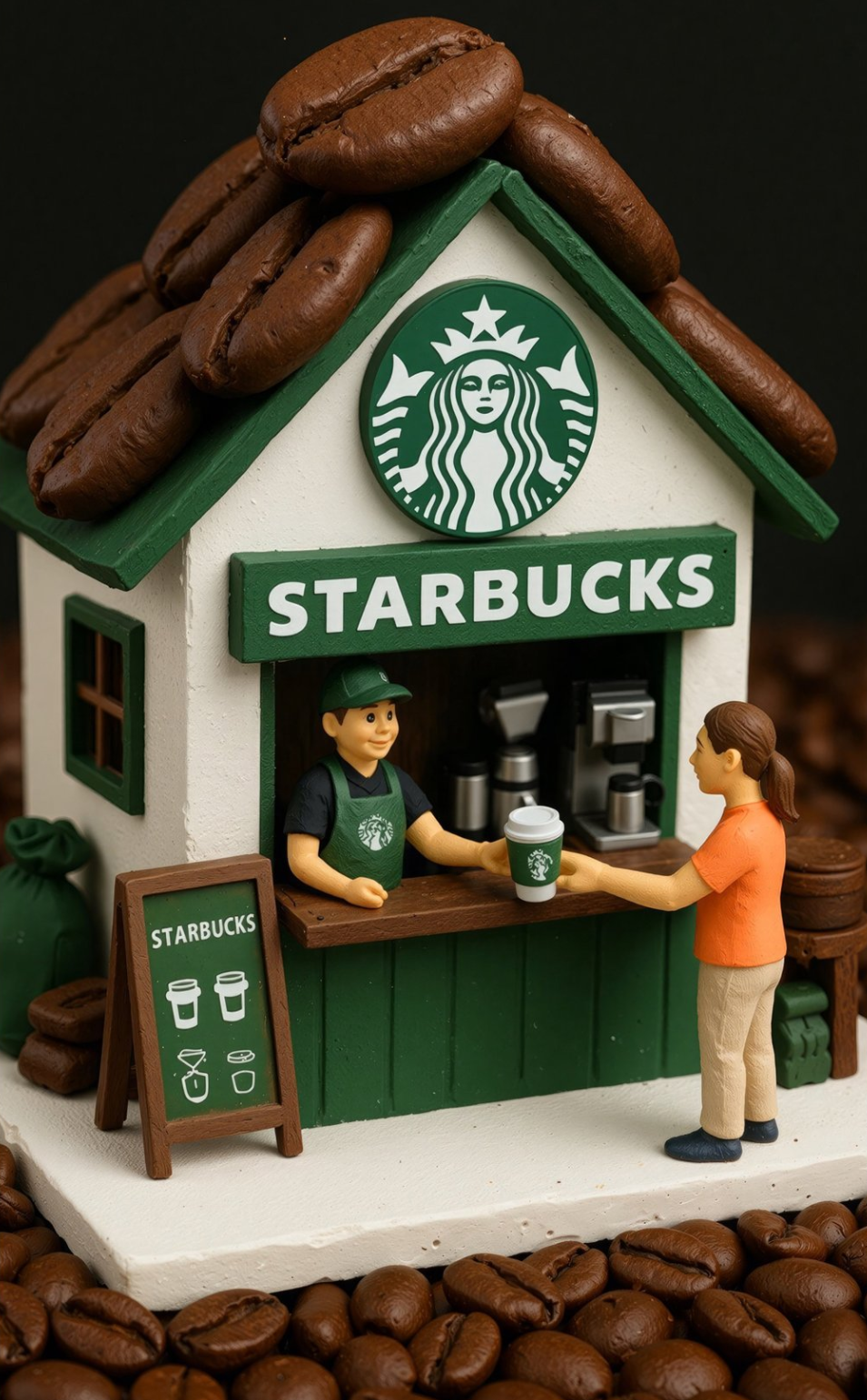 Tiny diorama shop for [BRAND]. Roof made of oversized [PRODUCT], big [BRAND] logo sign above the window, vendor handing a [PRODUCT] to a ...