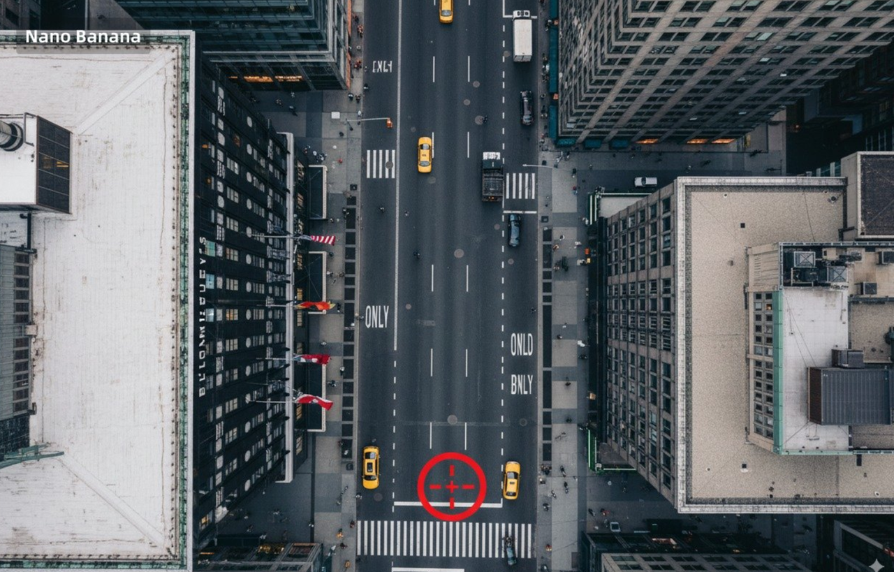 Convert the photo to a top-down view and mark the location of the photographer.