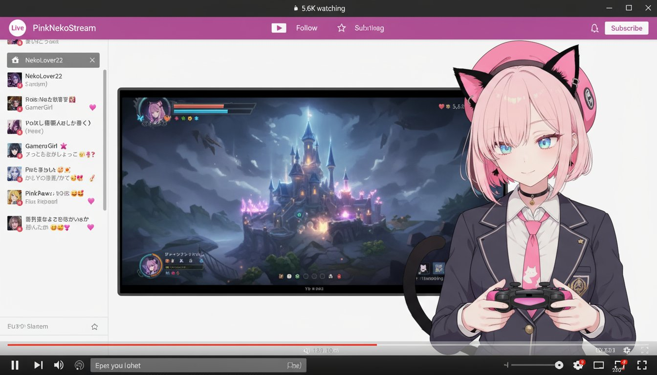 Create a fictional Vtuber and their streaming screen using the original image. The Vtuber's hairstyle and clothing will be faithfully rep...