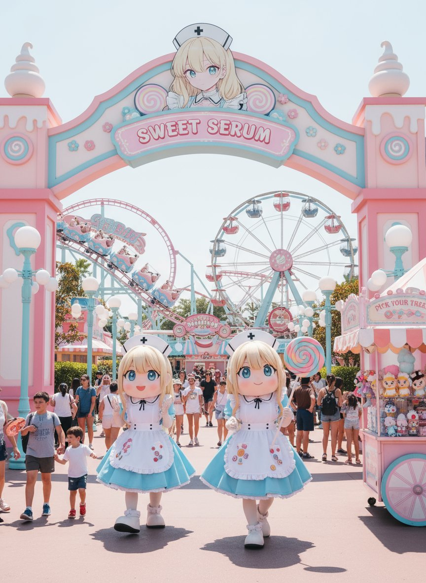 Generates a photorealistic theme park image based on the original image. The theme park and the people enjoying it are depicted in an ext...