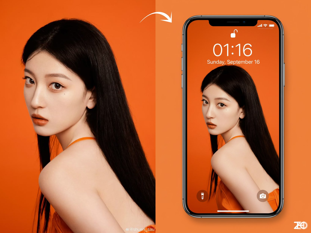 Transform the image into an iPhone lock screen wallpaper effect. The phone’s time (01:16), date (Sunday, September 16), and status bar de...